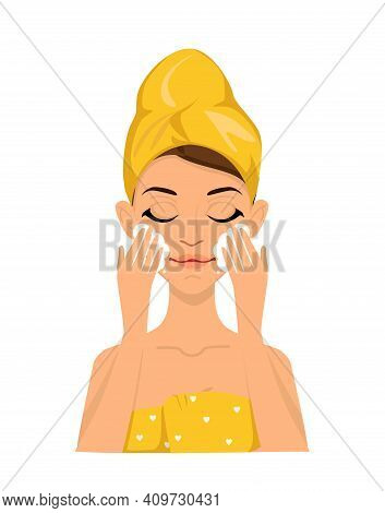 Woman Cleans Face Doing Home Beauty Treatments. Facial Care. Vector Drawing