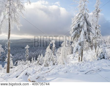 Beatiful Winter Landscape, View Of Cakova Vyhlidka Viewpoint At Fields, Forest, Villages And Snowy S