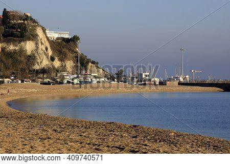 Numana (an), Italy - January 1, 2019:  Numana Beach, Riviera Del Conero, Adriatic Sea, Numana, Ancon