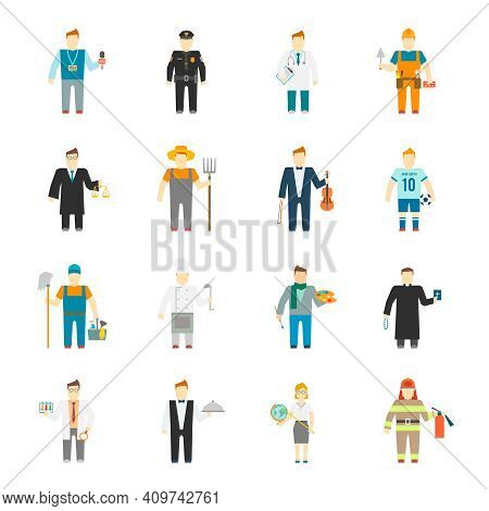 Character Icon Flat Profession Set With Builder Worker Cook Teacher Doctor Isolated Vector Illustrat
