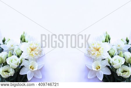 White Daffodils And Eustoms On A Light Lilac Background. Spring Holiday Bouquet. Light Pastel Colors
