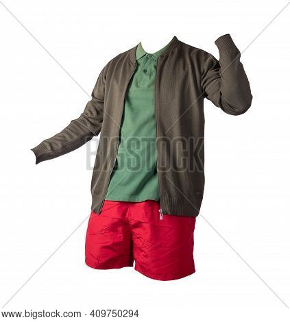 Men's  Dark Green Knitten Bomber Jacket,dark Green  Shirt And Red Sports Shorts Isolated On White Ba