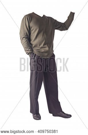 Men's Dark Green Bomber Knitten Jacket ,black Pants  And Black  Leather Shoes Isolated On White Back