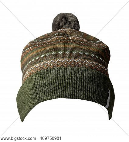 Knitted Hakke Brown White  Hat Isolated On White Background.hat With Pompon .
