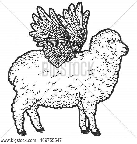 Sheep With Bird Wings. Sketch Scratch Board Imitation. Black And White.