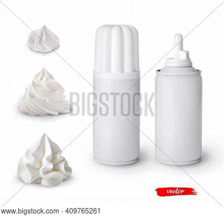 Set Of Whipped Cream Swirls And Whipped Cream Cans On White Background. 3d Realistic Vector Illustra