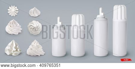 Set Of Whipped Cream Swirls And Whipped Cream Cans On Gray Background. 3d Realistic Vector Illustrat