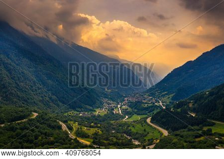 Aerial View Of The San Bernardino Mountain Pass In Switzerland. This High Mountain Pass In The Swiss