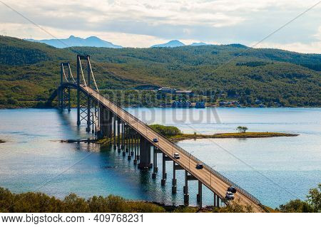 Tjeldsund Bridge, Norway. It Crosses The Tjeldsundet Between The Mainland And The Island Of Hinnoya 