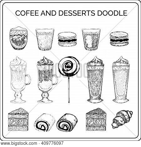 Set Of Sketched Desser. Pastry And Sweets In Vintage Style Stickers. Hand Drawn Vector Illustration