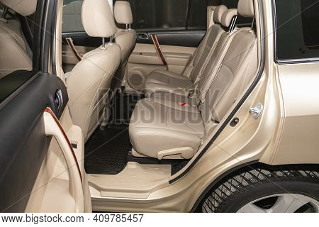 Novosibirsk, Russia - February 22 2021:  Toyota Highlander, New Car Inside. Clean Car Interior. Beig