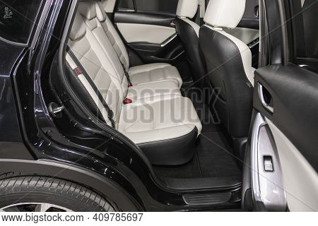 Novosibirsk, Russia - February 22 2021:  Mazda Cx-5, New Car Inside. Clean Car Interior. White Back 