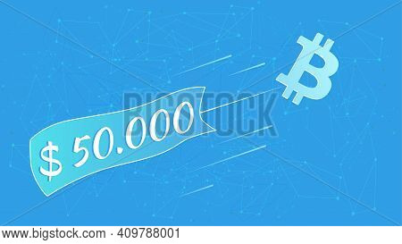 Bitcoin Btc Flies With Sticker 50000 Dollars On Blue Abstract Polygonal Background. Vector Illustrat