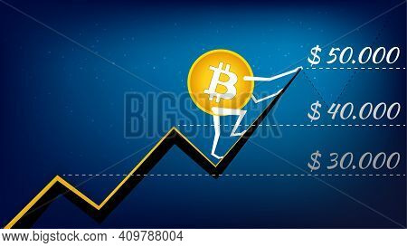Bitcoin Btc Is Climbing Uptrend Arrow Towards 50,000 Dollars In Dark Background. Vector Illustration