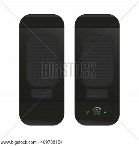 Black Rectangular Computer Speakers. Desktop Compact Speakers With Volume Control And Power Indicato