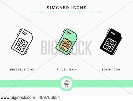 Simcard Icons Set Vector Illustration With Solid Icon Line Style. Phone Chip Concept. Editable Strok