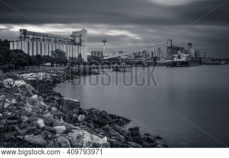 Industrial Landscape From Seattle In Mono Black And White