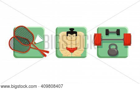 Square Sport Icons Set, Tennis, Sumo, Weightlifting, Flat Vector Illustration