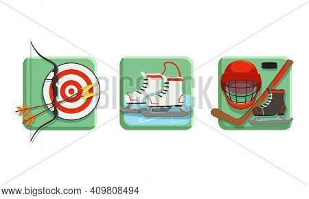 Square Sport Icons Set, Darts, Figure Skating, Hockey Flat Vector Illustration