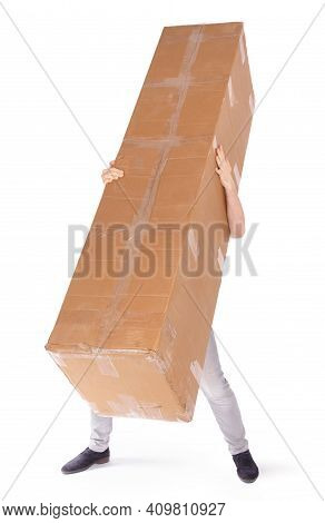 Man Carrying A Oversized Cardboard Box, Isolated On White