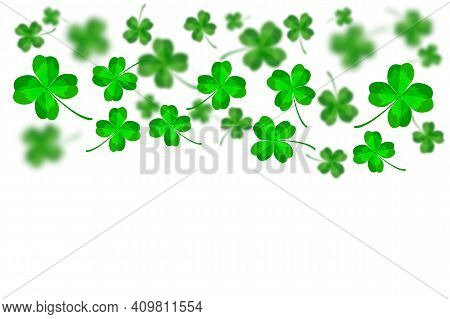 Saint Patrick's Day Backdrop Template. Abstract Bright And Blurry Luck Clovers Isolated On White Bac
