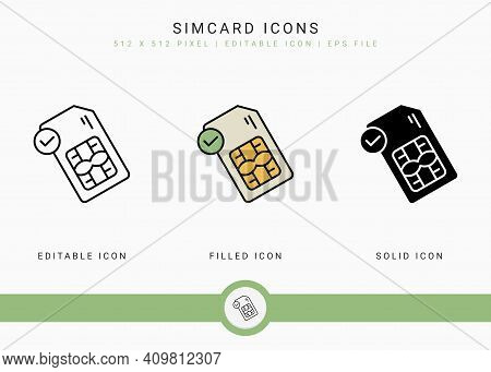 Simcard Icons Set Vector Illustration With Solid Icon Line Style. Phone Chip Concept. Editable Strok