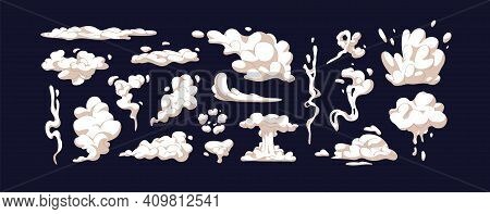 Set Of Smokes And Steam Cloud Puffs Of Different Shapes. Collection Of Isolated Icons Of Air Trail, 
