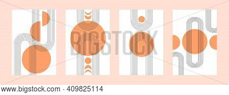 Set Of Abstract Posters With Boho Arches, Stripes And Simple Shapes In Warm Orange Colors. Interior 