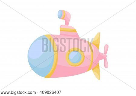 Cute Pink Submarine With Periscope On White Background. Cartoon Transport For Kids Cards, Baby Showe