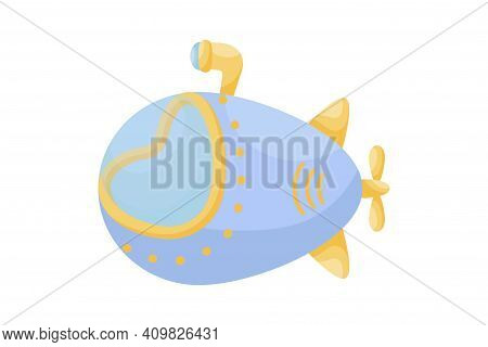 Cute Blue Submarine With Periscope On White Background. Cartoon Transport For Kids Cards, Baby Showe
