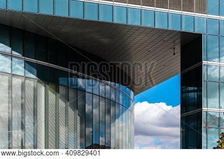 Madrid, Spain - February 7, 2021: Torre Espacio Office Building Entrance. Business And Finance Conce