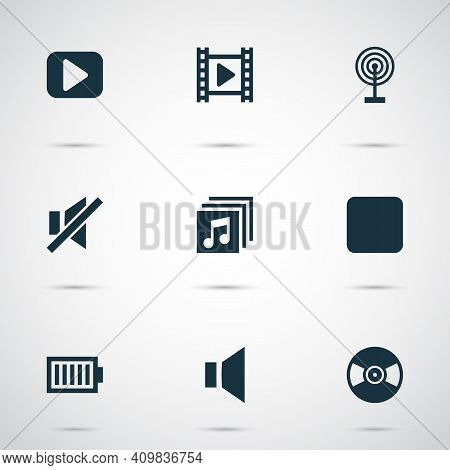 Music Icons Set With Vinyl, Sound Off, Broadcast And Other Pause Elements. Isolated Vector Illustrat
