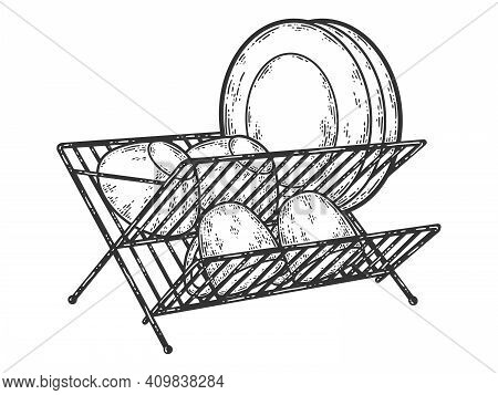 Dish Drainer. Sketch Scratch Board Imitation. Black And White.