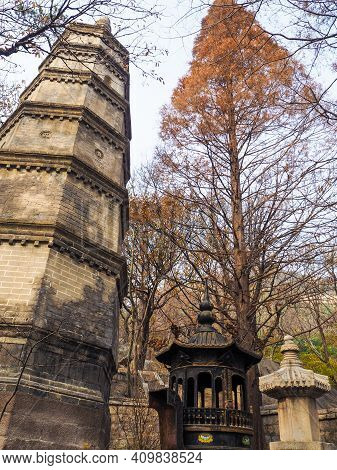Qingdao, China - December 2017: Large Stupa And Incense Burner Built For Monk Cizhan Next To The Hua