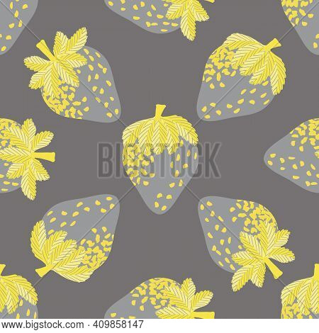 Ripe Strawberry Seamless Vector Pattern Background. Painterly Hand Drawn Garden Berries Yellow Grey 