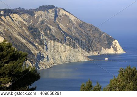 Ancona, Italy - January 1, 2019: View Of  Mezzavalle Beach, Riviera Del Conero, Adriatic Sea, Ancona