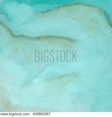Abstract Watercolor Turquoise Background. Illustration Of Marble Texture With Gold. Square Banner. S