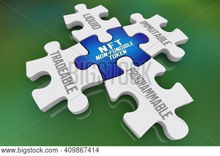 NFT Non Fungible Token Cryptocurrency Puzzle Unique Tradeable Money New Currencies 3d Illustration