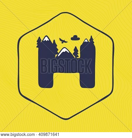 H Letter Logo With Mountains Peaks And Trees On A Landscape Line Pattern. Adventure And Outdoor Vint