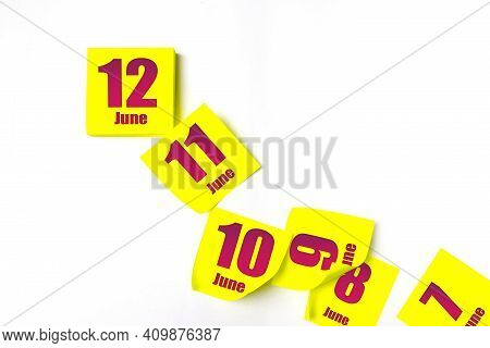 June 12nd. Day 12 Of Month, Calendar Date. Many Yellow Sheet Of The Calendar. Summer Month, Day Of T