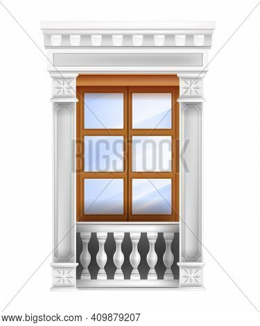 Classic Vector Palace Wooden Double Door With Balustrade, Glass Window, Marble Pillars Isolated On W