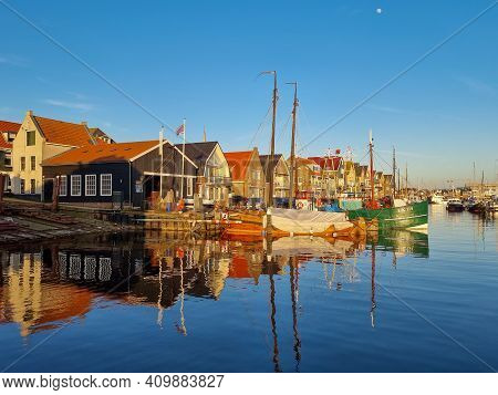 Old Harbor Of The Fishing Village Urk In Flevoland Netherlands, Beautiful Spring Day At The Former I