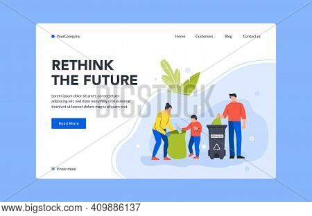 Rethink Future Landing Page Collect Trash In Bin. Illustration Family Collect In Basket, Junk Dustbi