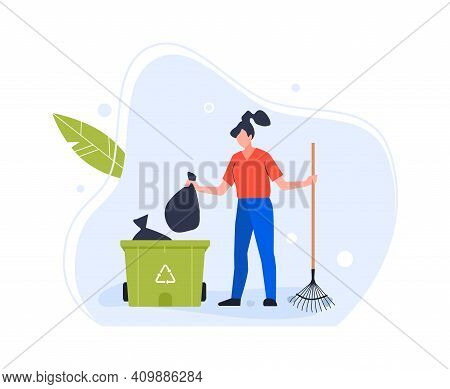 Woman Throw Trash In Garbage Recycle Bin. Vector Bin Trash, Woman And Waste Garbage, Ecology Recycli