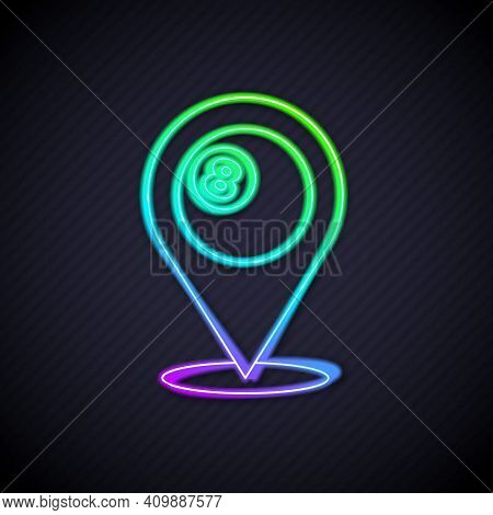Glowing Neon Line Map Pointer With Billiard Pool Snooker Ball With Number 8 Icon Isolated On Black B