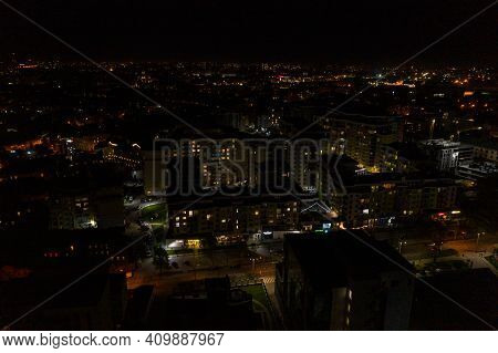 Night City Of Lviv, Aerial View, Illuminated Streets And Squares Of The City.