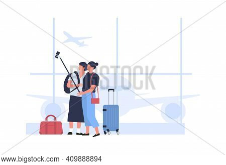 People Take Selfie In Airport Terminal Hall. Vector Airport Travel, Selfie People Tourist, Holiday A