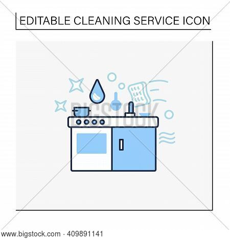 Kitchen Cleaning Line Icon. Home Cleanup. Wiping Stove And Tables. Mopping, Dusting. Cleaning Servic