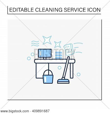 Office Cleaning Line Icon. Keeping Workplace Clean. Tidy Office Desk. Mopping, Wiping, Dusting. Clea