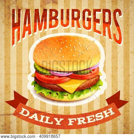 Fast Food Restaurant Poster With Beaf Meat Hamburger Emblem Vector Illustration